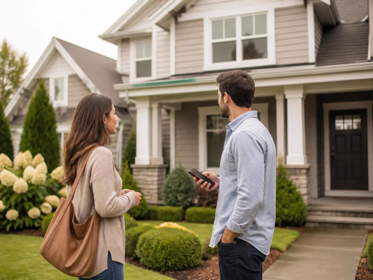 A couple walking up to a suburban home while reviewing information on a phone