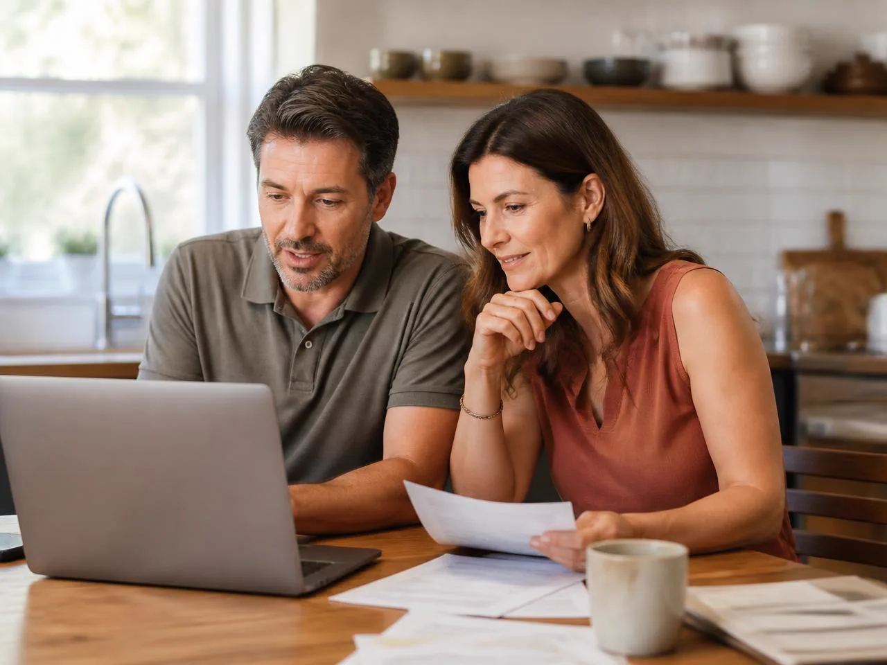Homeowners reviewing their mortgage paperwork together at a kitchen table